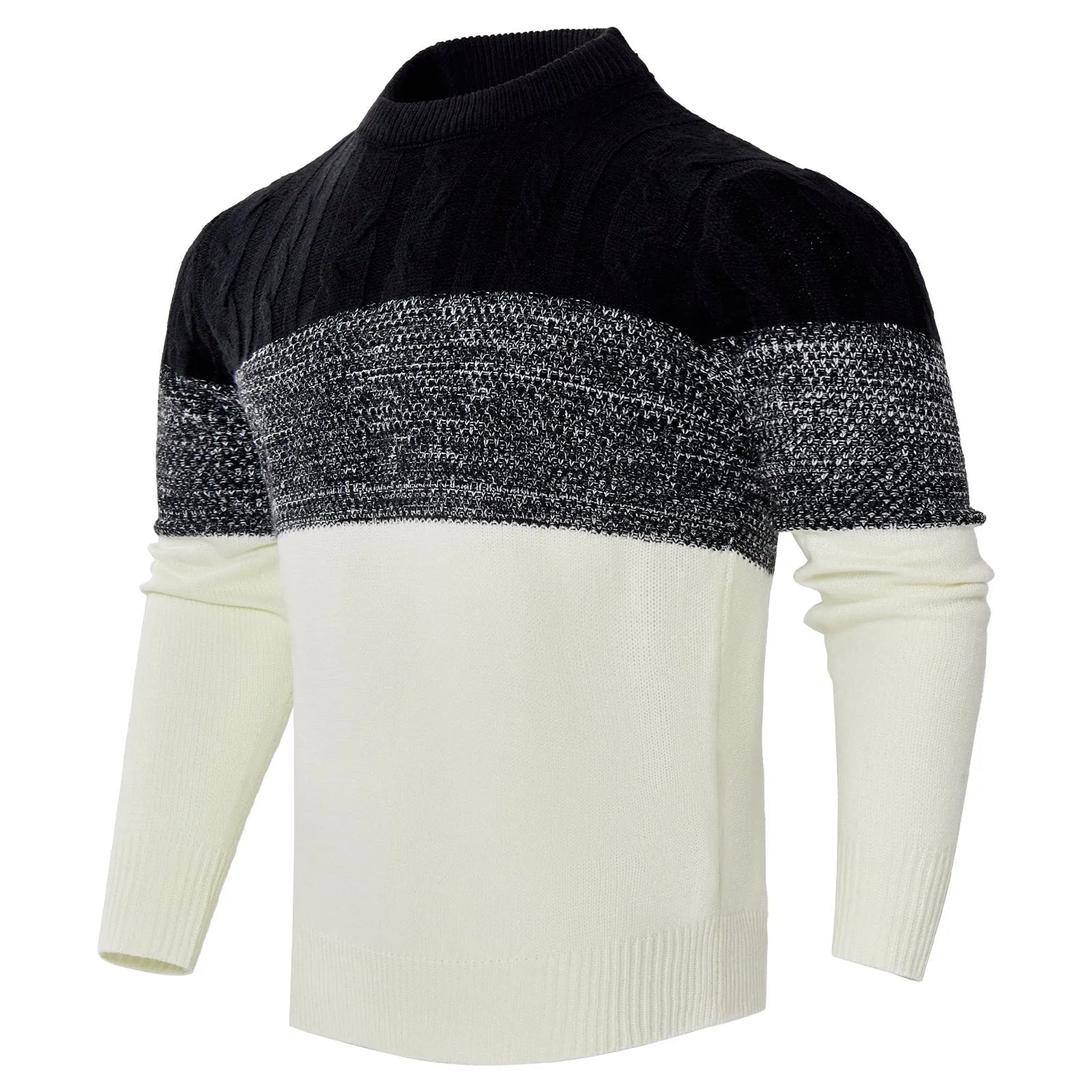 Men's knitted long-sleeve pullover sweater shown in multiple sizes and style variations.