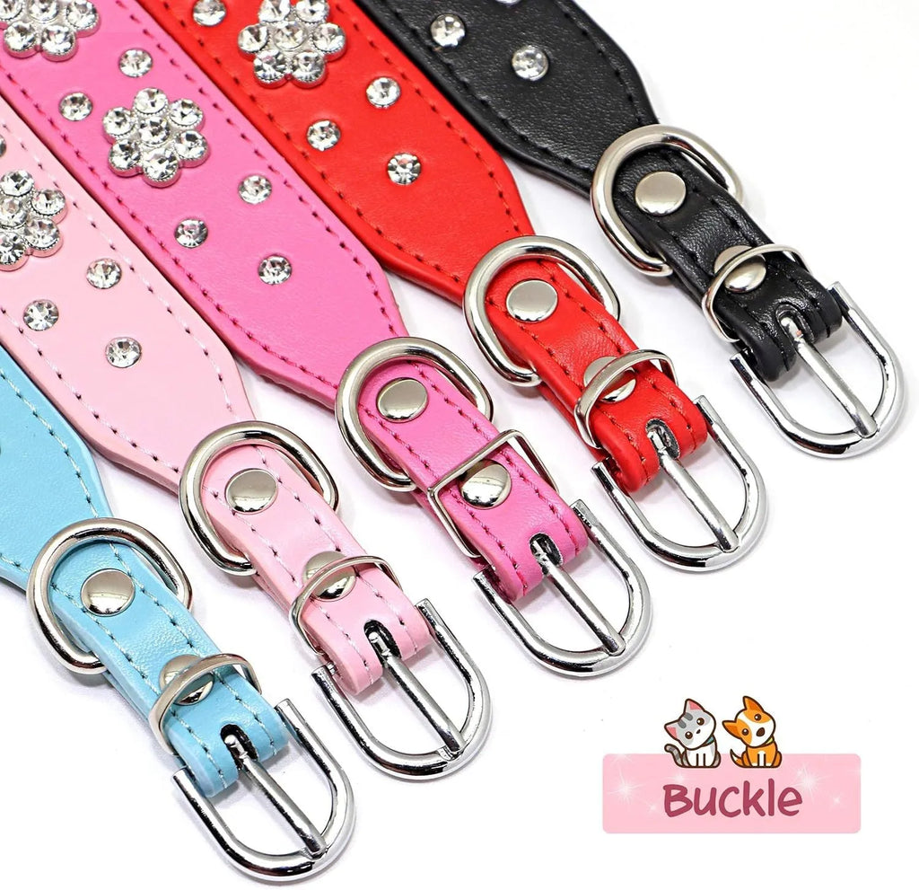 Decorative dog collar made of black PU leather with a pattern of rhinestone flowers and studs, showing the metal D-ring.