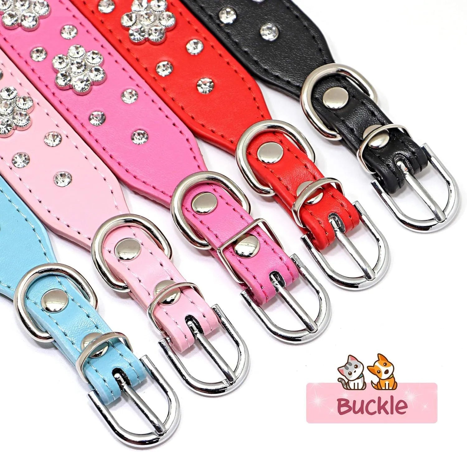 Decorative dog collar made of black PU leather with a pattern of rhinestone flowers and studs, showing the metal D-ring.