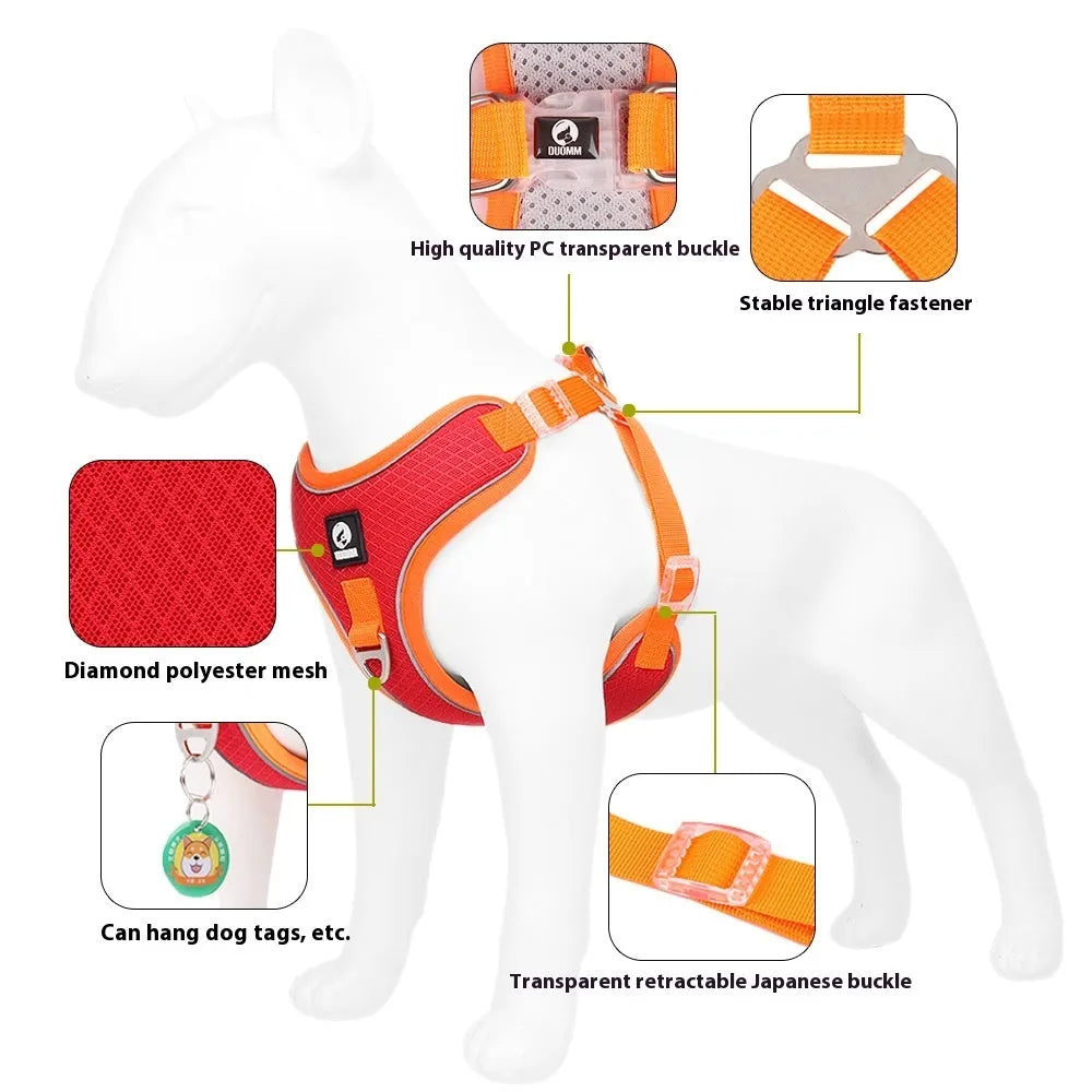 Breathable mesh dog harness with reflective piping in black, red, gray, or light purple for small medium pets