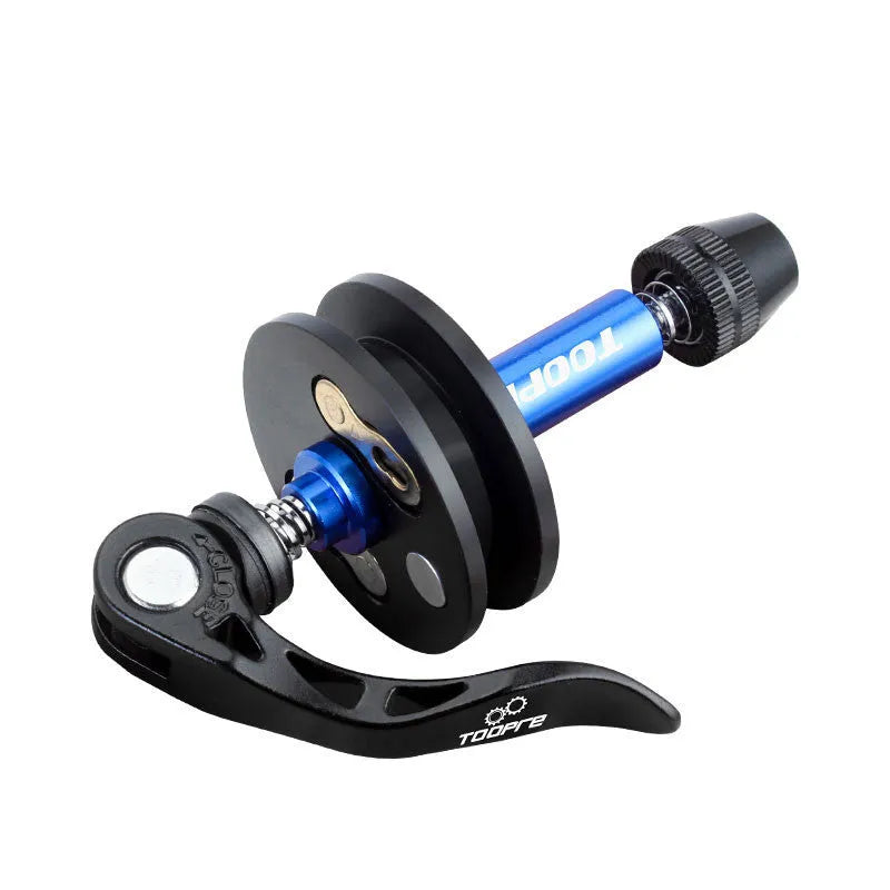 Aluminium alloy bicycle chain holder tool in three format options on a workshop bench.