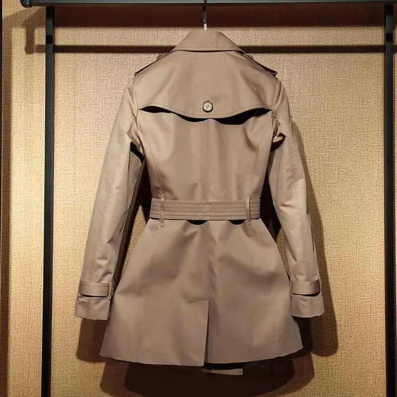 Khaki women's double-breasted trench coat with flight sleeves and shoulder detail