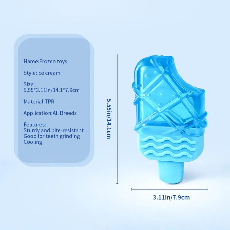 Set of three dog toys: a silicone pacifier, a freezable popsicle, and a silicone ring for cooling and chewing.