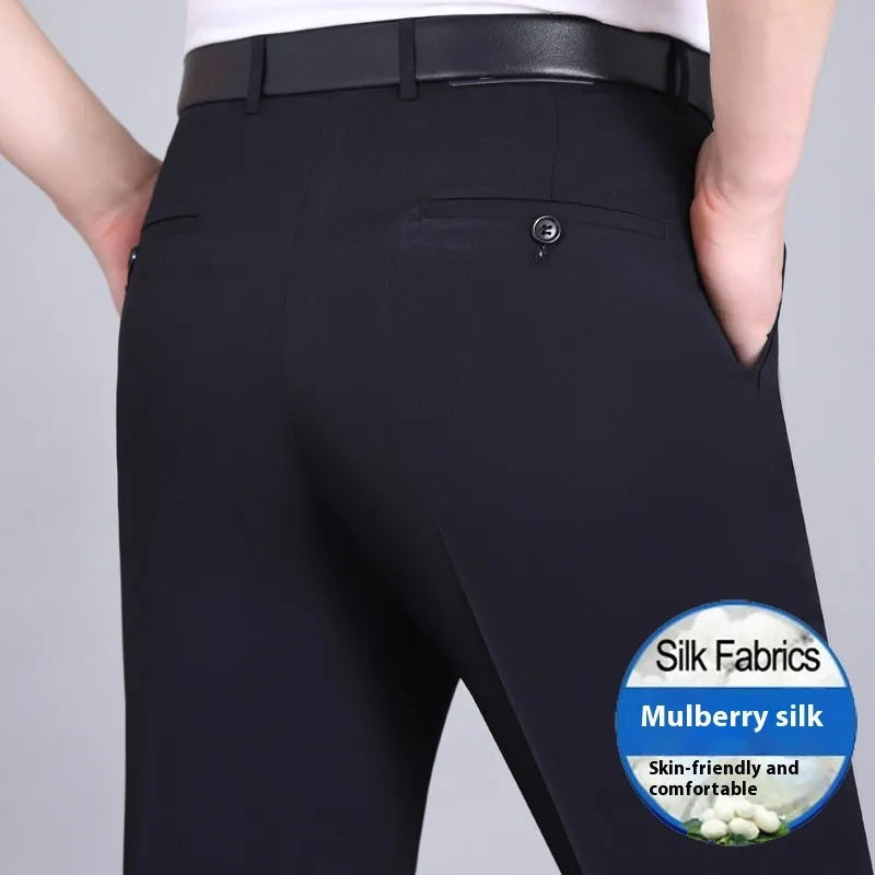 Men's straight-leg business trousers with high waist in mulberry silk blend fabric
