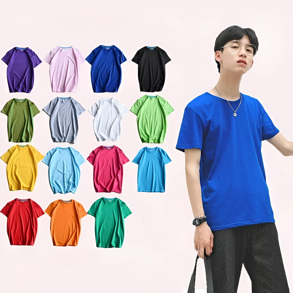 Men's solid colour combed cotton t-shirt with round neck and short sleeves