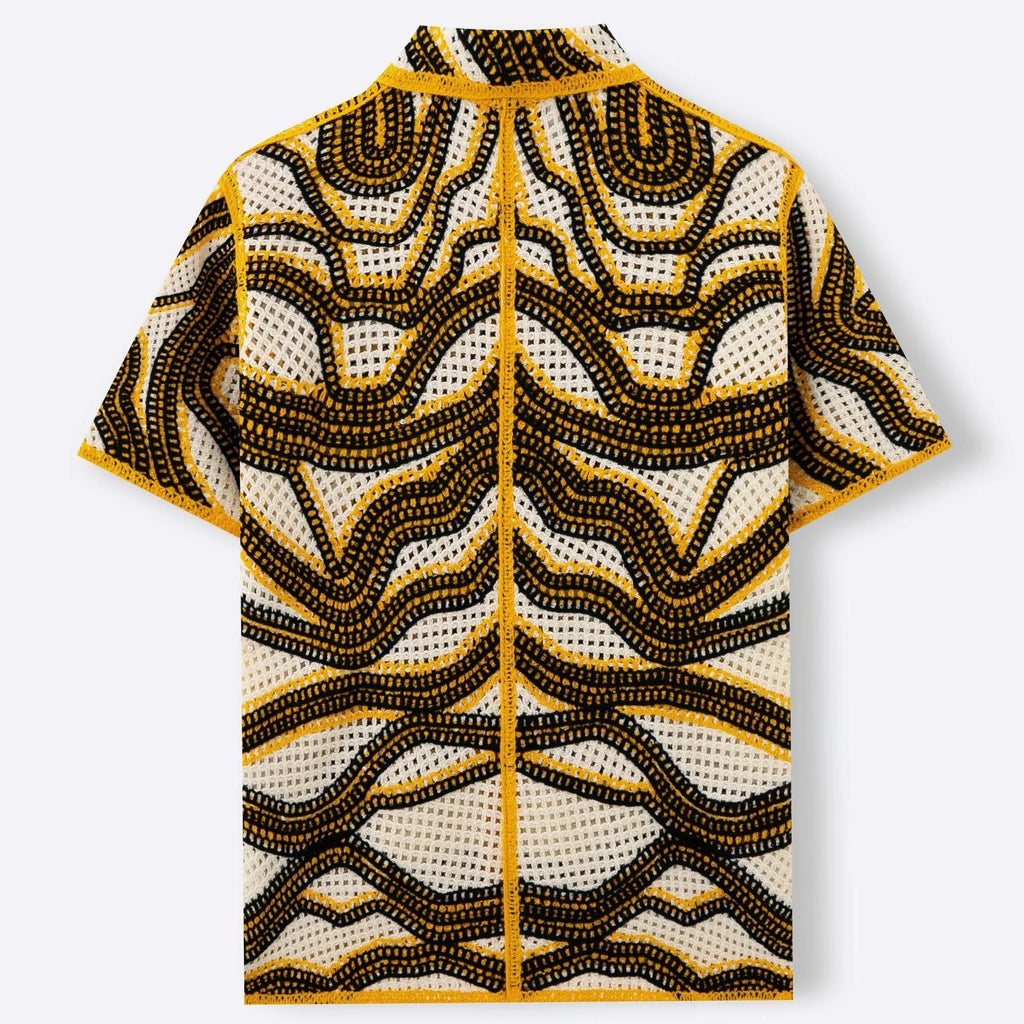Khaki retro striped hand-crocheting short sleeve cardigan on model, acrylic fabric, regular fit, summer leisure wear