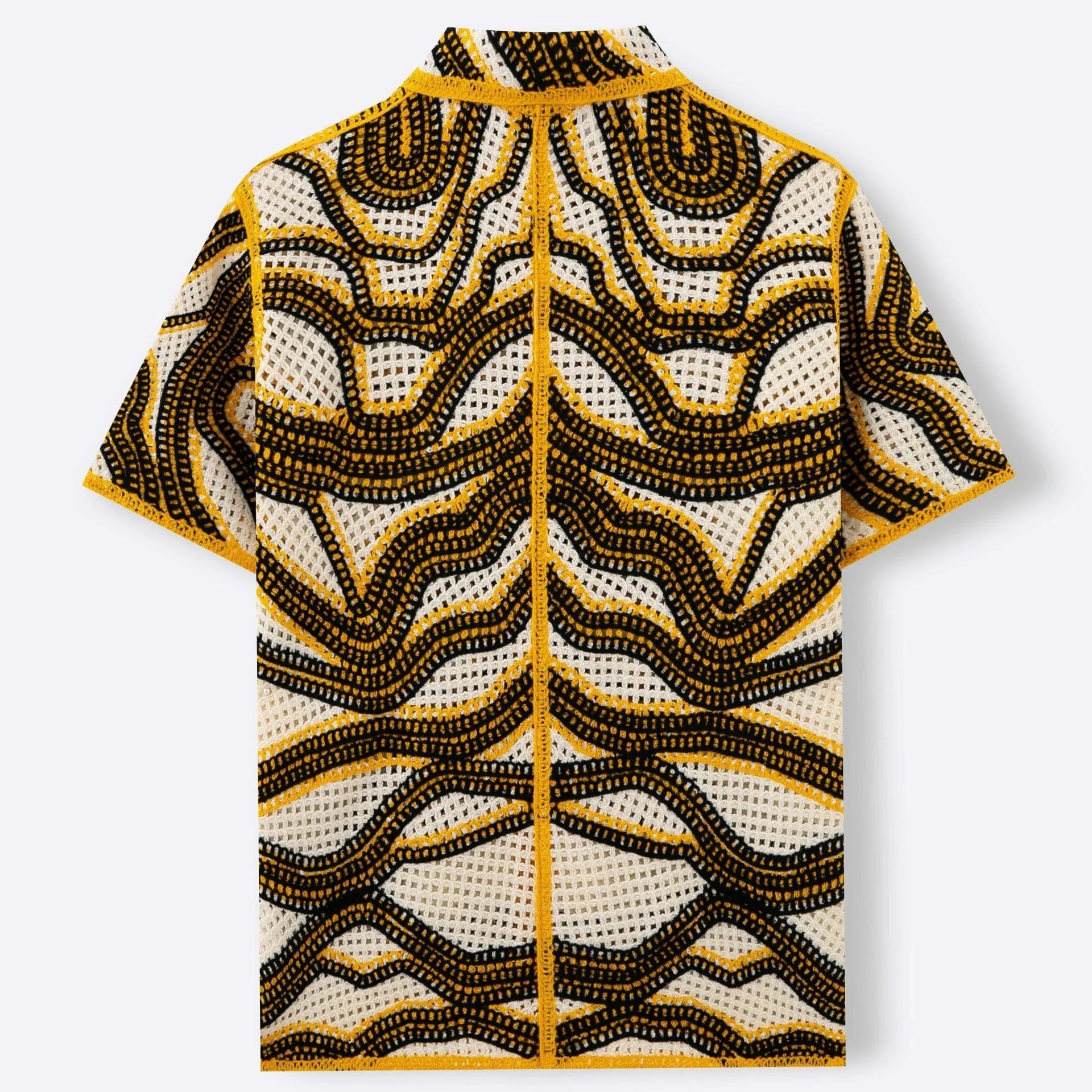Khaki retro striped hand-crocheting short sleeve cardigan on model, acrylic fabric, regular fit, summer leisure wear