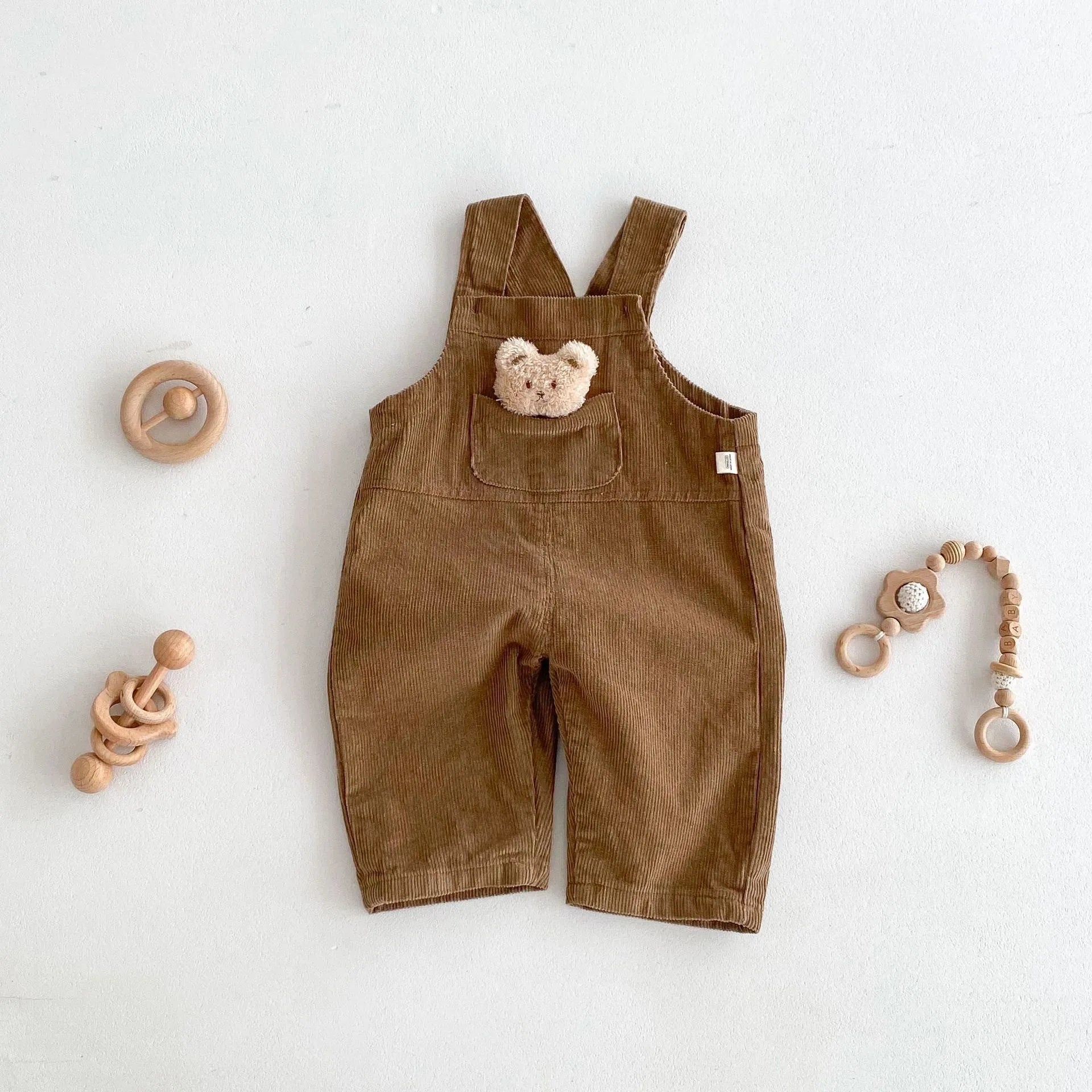Boys' corduroy cotton bear suspender overalls in apricot solid colour spring autumn wear