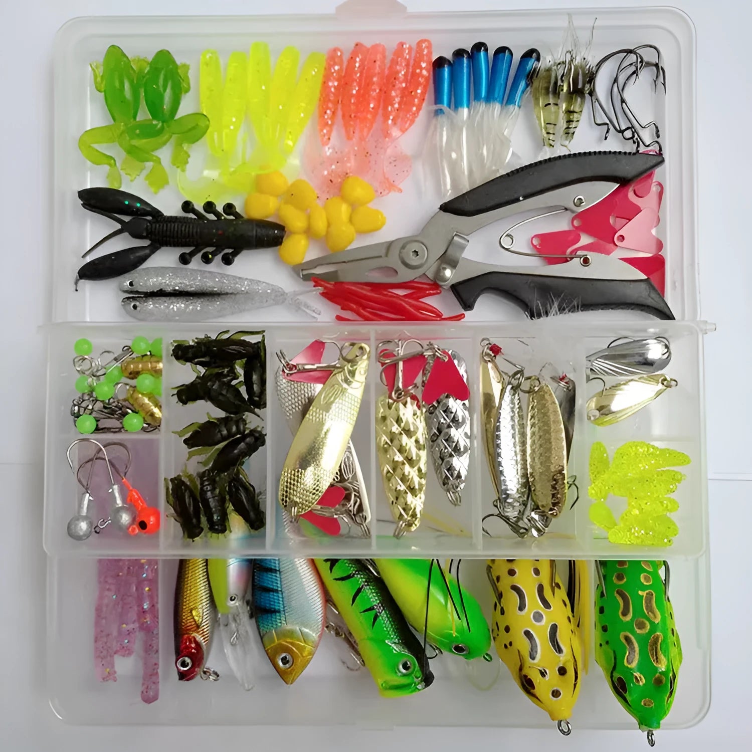 142-piece fishing lure kit with metal pliers and hard mino sequins in multiple colours