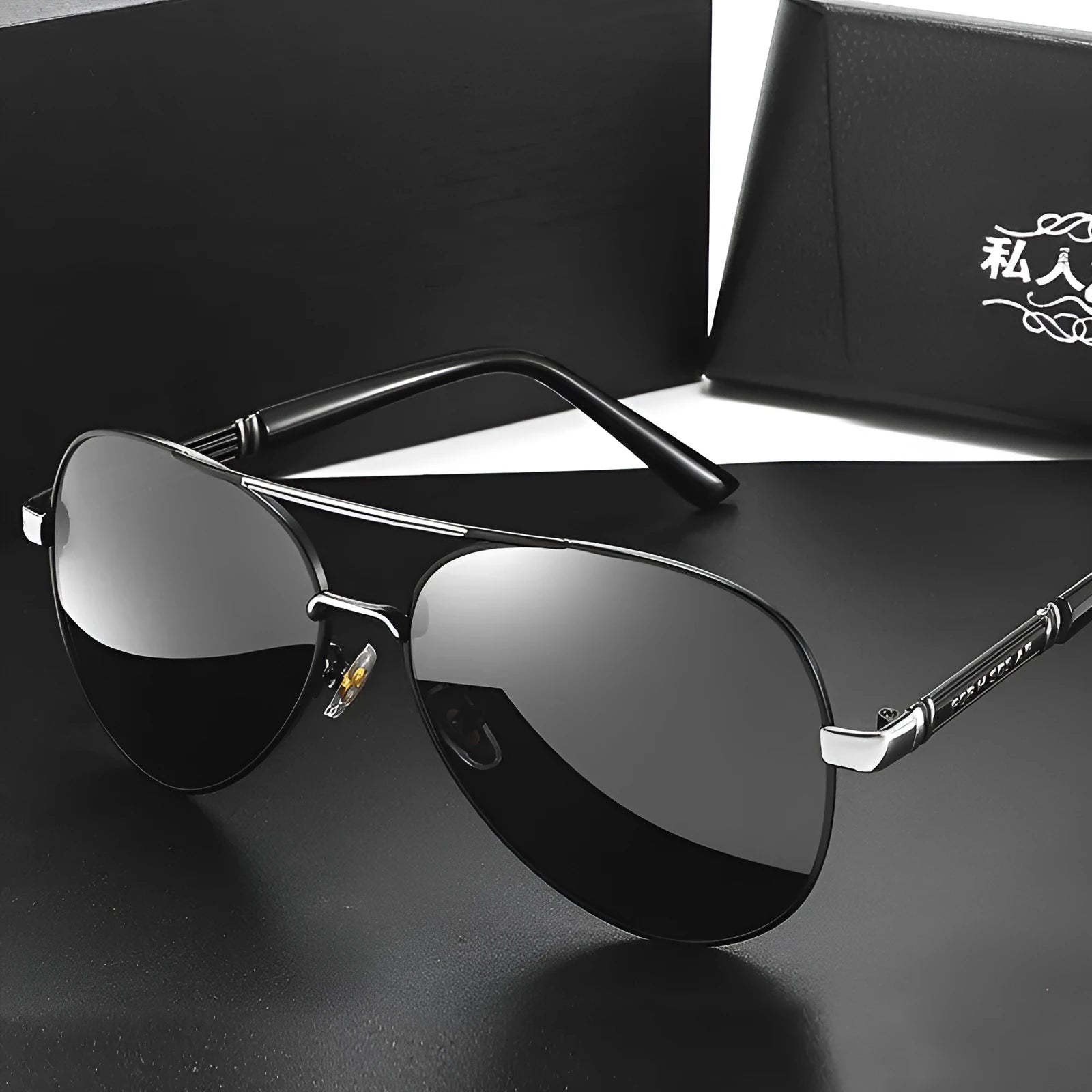 Men's metal frame sunglasses with polarised or colour-changing lenses in black, gold, or silver finishes