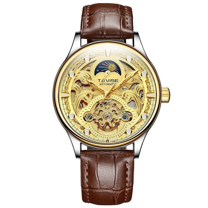 Men's gold and white leather strap automatic waterproof business watch showing 16mm thickness