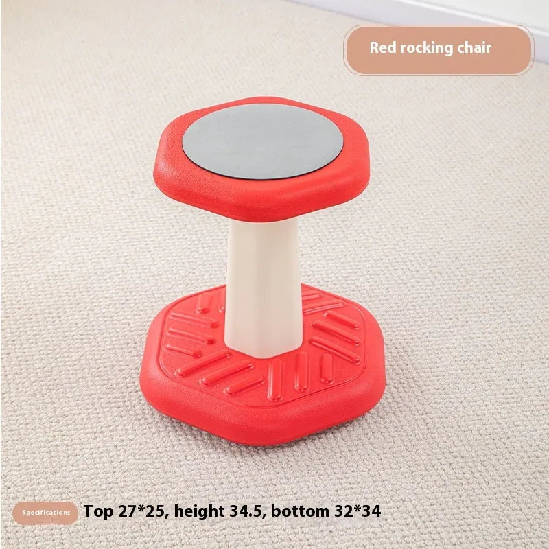 Children's multi-action plastic rocking stool available in black, blue, green, pink, purple, and red for balance training.