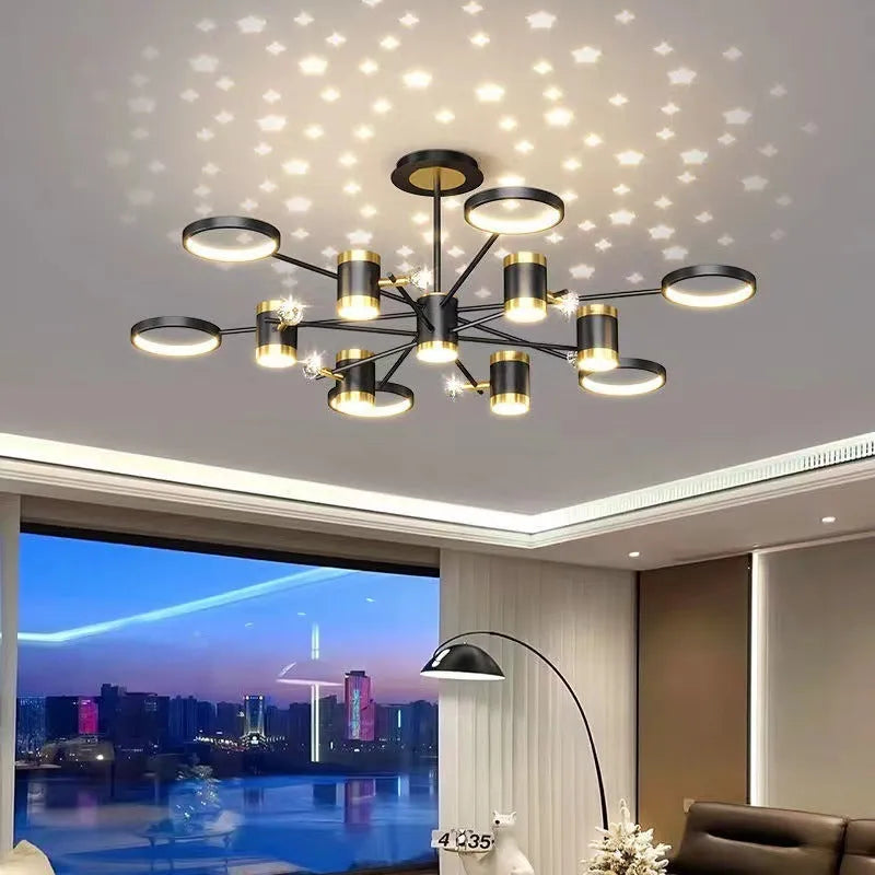 Black Nordic-style star-shaped iron pendant light chandelier with 13 lights hanging from a ceiling.