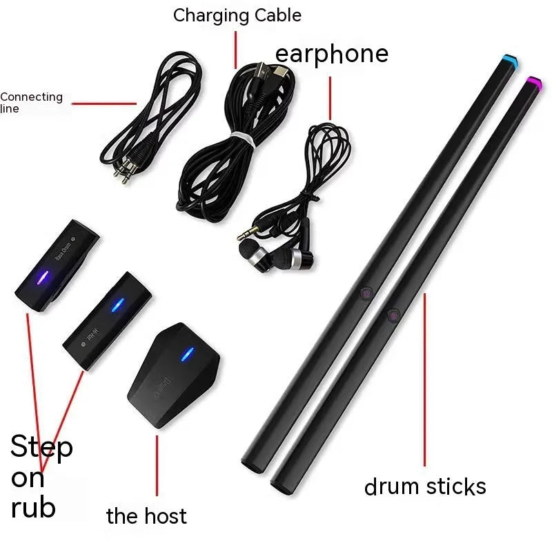 Black somatosensory air drum kit virtual toy with two drumsticks and LED lighting on a wireless base