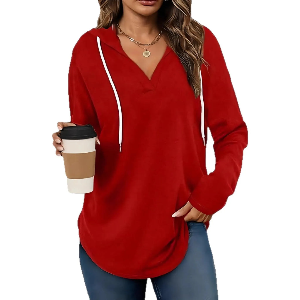 Women's red V-neck polyester hoodie with long sleeves, loose fit