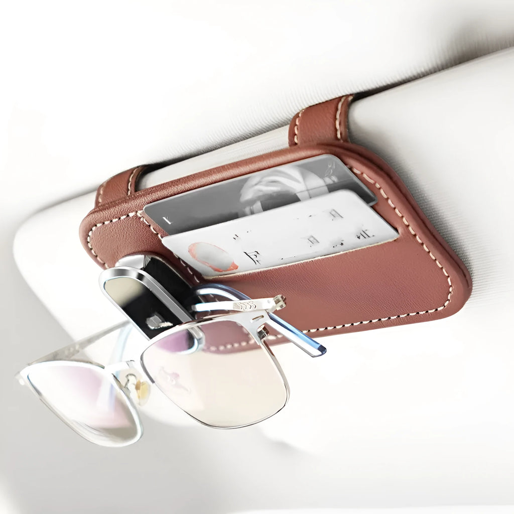 Leather car sun visor card holder with glasses clip function in multiple colour options