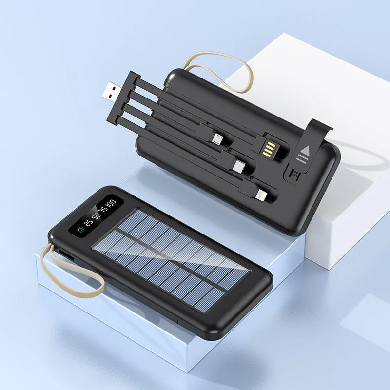Black and white solar power bank showing front view with dimensions 144mm by 68mm.