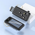 Black and white solar power bank showing front view with dimensions 144mm by 68mm.