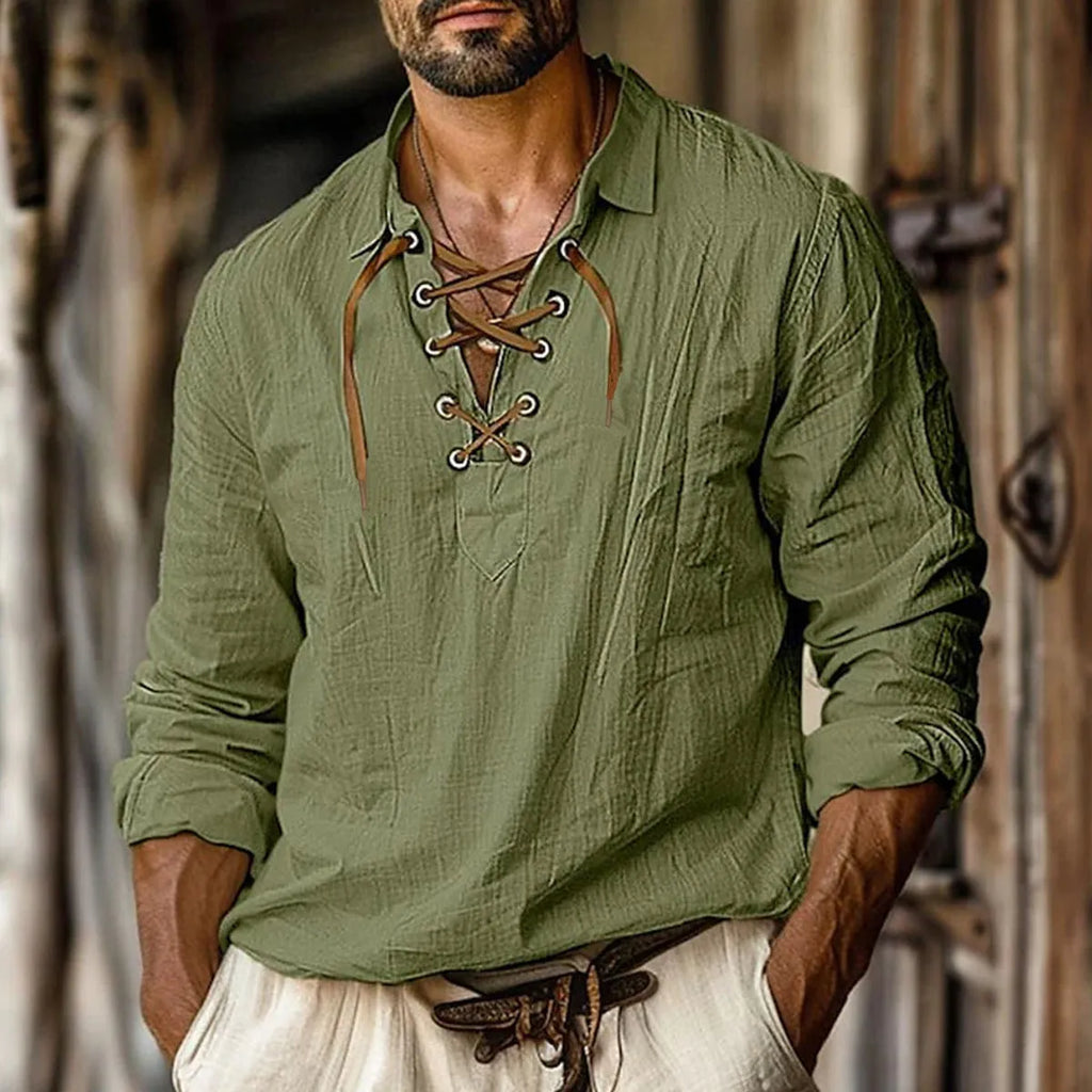 Men's loose fit plus size shirt with lapels and lace detailing in a linen blend fabric.