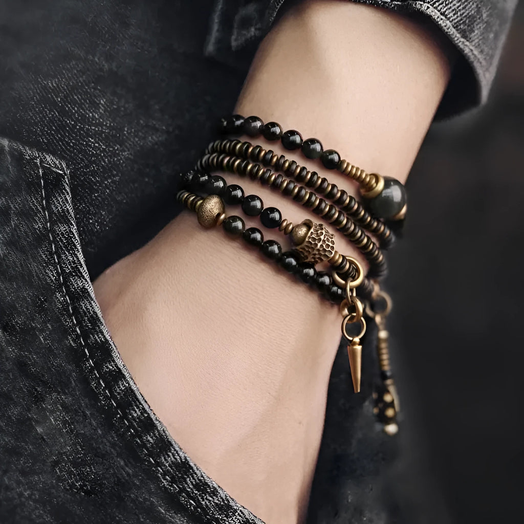 Black multi-layered beaded bracelet with geometric shape and natural retro styling