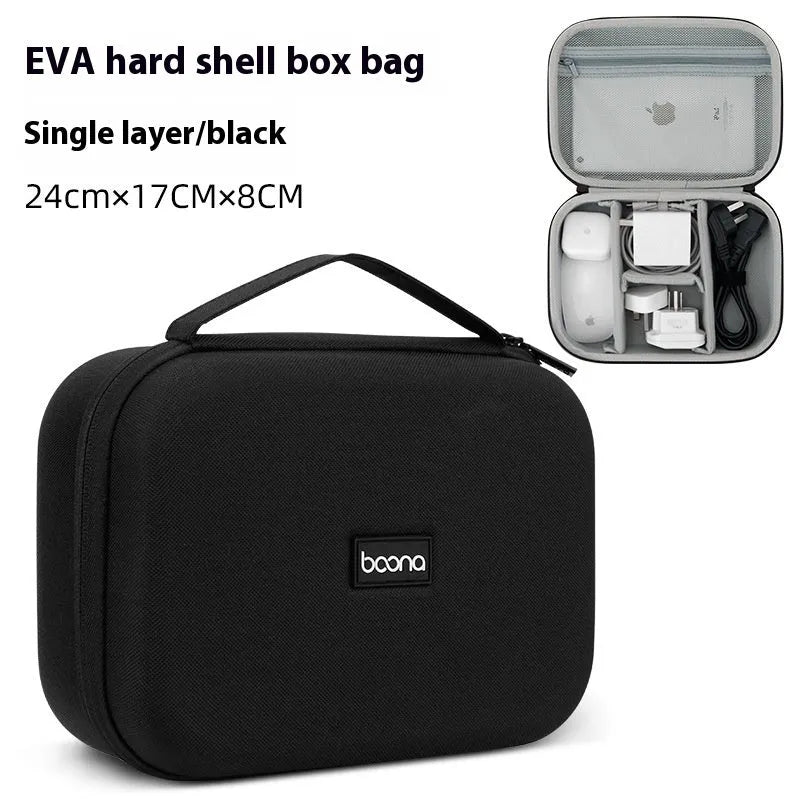 Gray multifunctional digital storage bag for data cable headset charger made from EVA material with sewing, holding cables and a charger