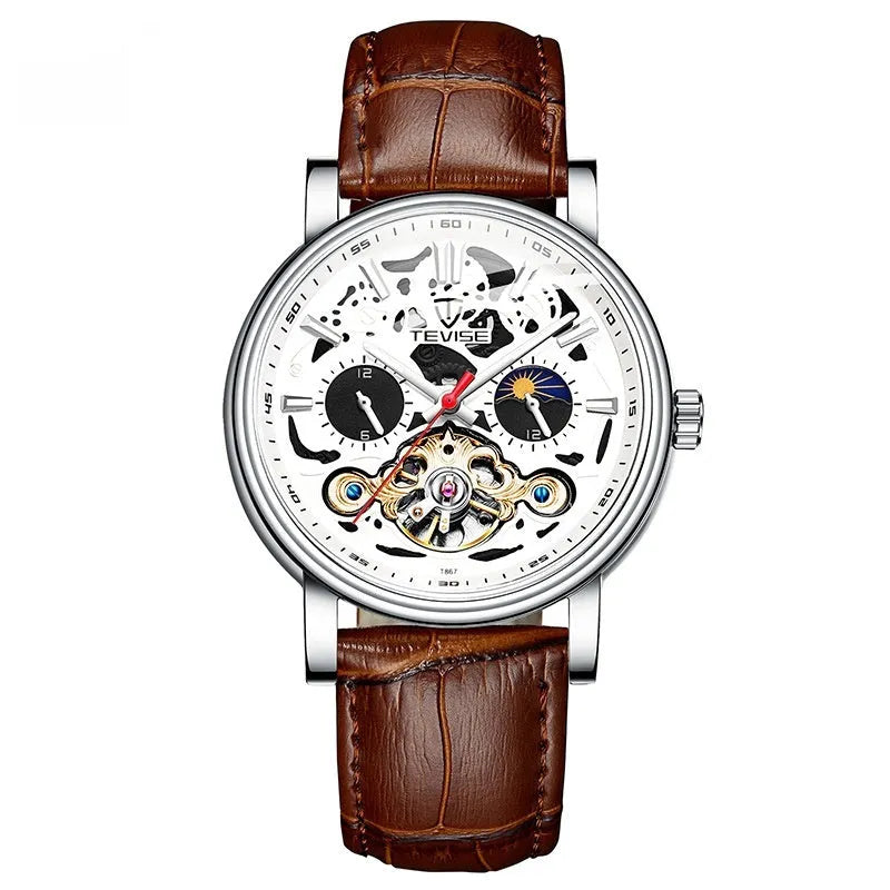 Men's casual tourbillon mechanical watch with luminous hands on a black leather strap.