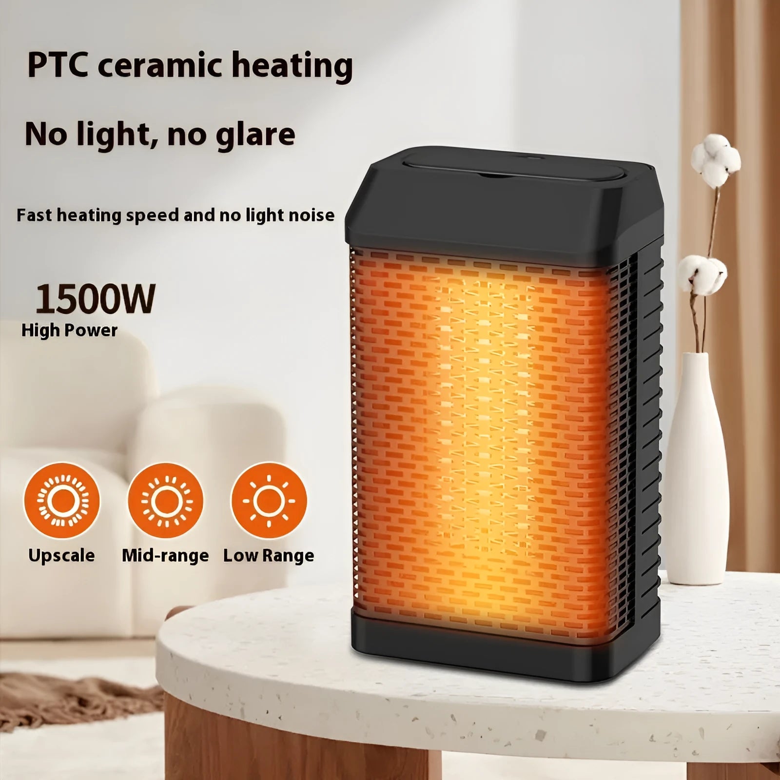 Black remote control desktop heater showing compact size and front control knob.