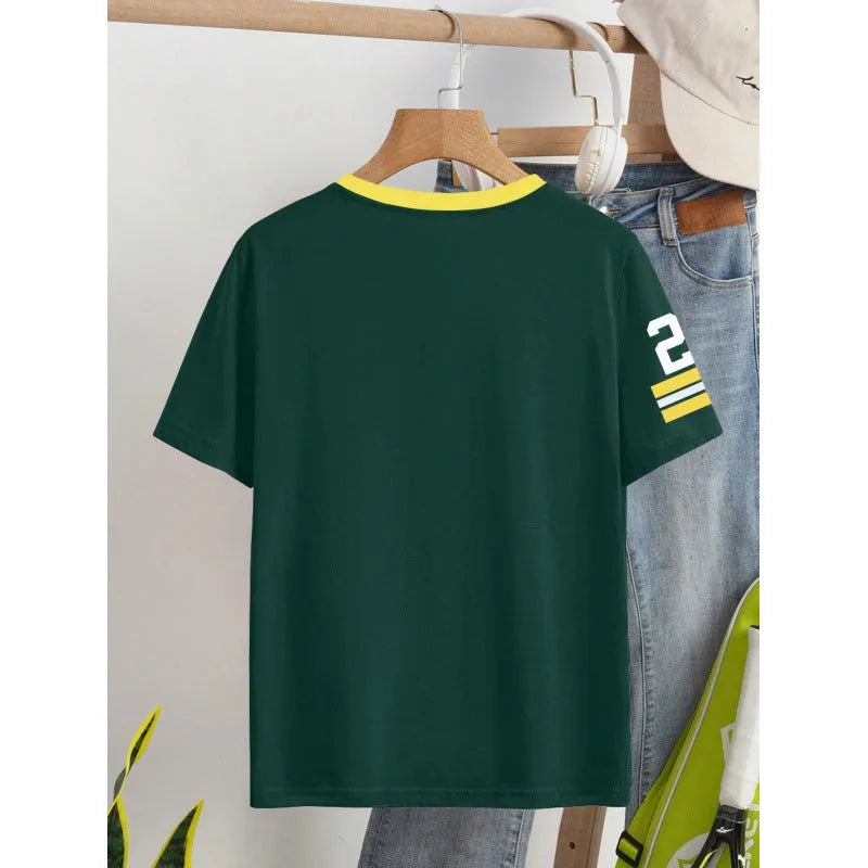 Red loose-fit cotton t-shirt with white digital letter print on the front.