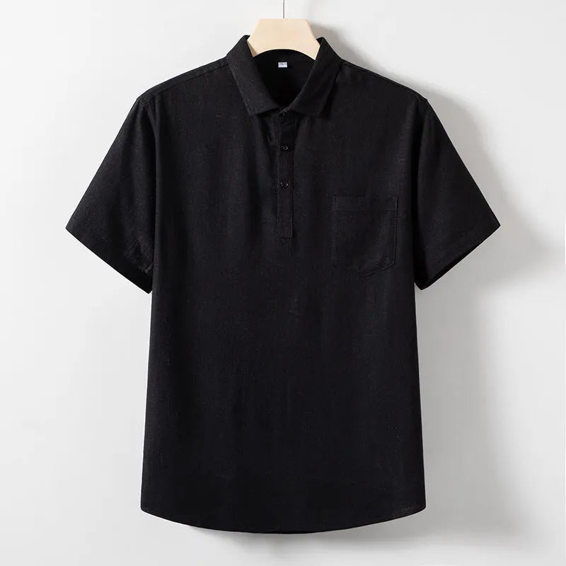 Men's loose lapel linen blend T-shirt in optic linen, black, or white.