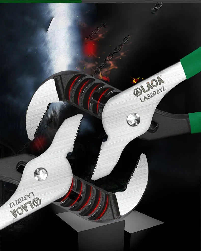 Adjustable water pipe wrench set showing four size options with CR-V steel construction and multi-gear adjustment mechanism