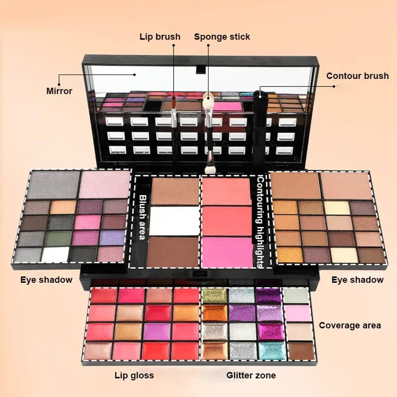 74 colour makeup palette with four layers showing eyeshadows, lip glosses, blush and contour powders with brush set