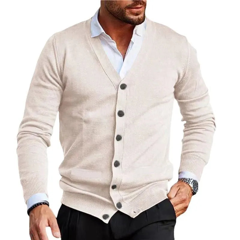 Men's slim fit acrylic cardigan sweater coat in dark gray colour showing long sleeve design