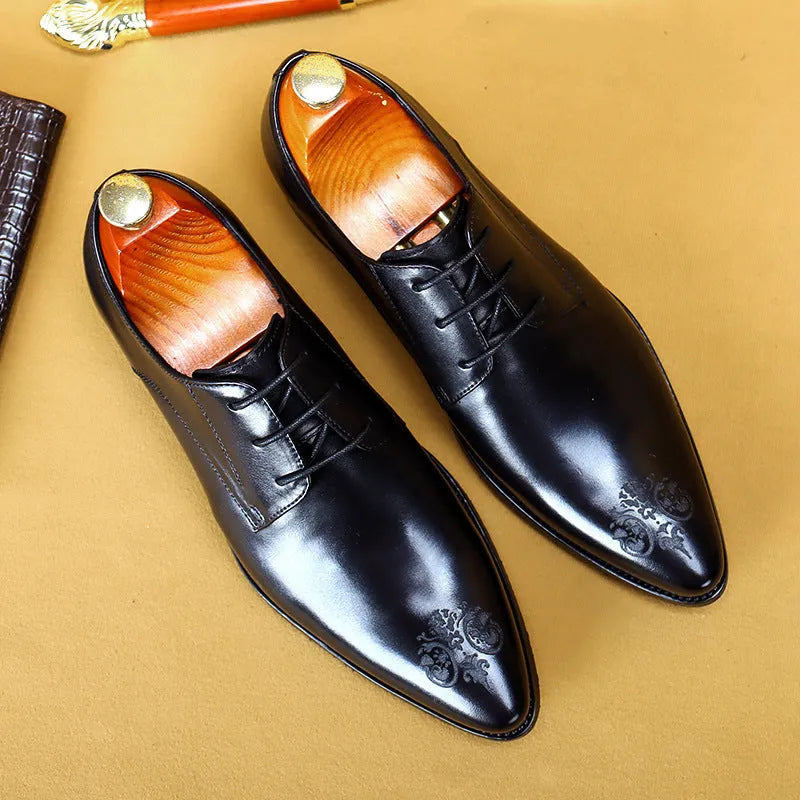 Men's cowhide leather pointed carved formal shoes in black, brown, or wine red with rubber sole