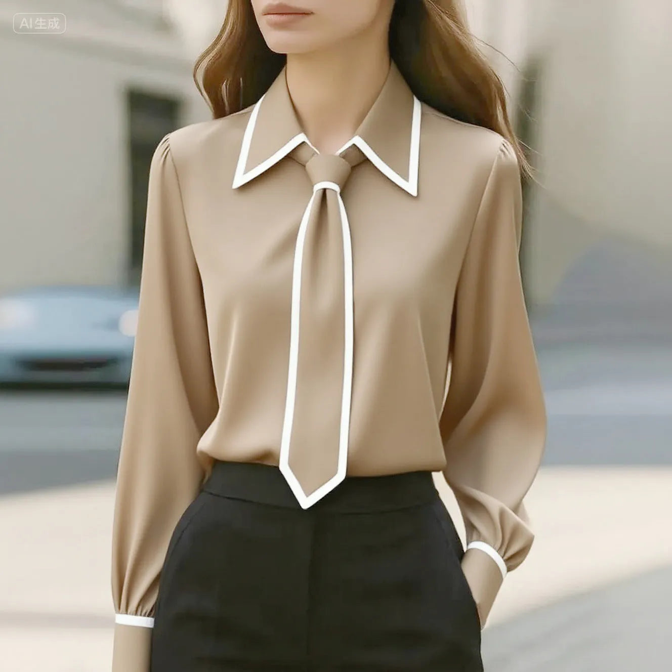 Women's solid colour satin polyester tie front long sleeve pullover shirt in khaki, front view
