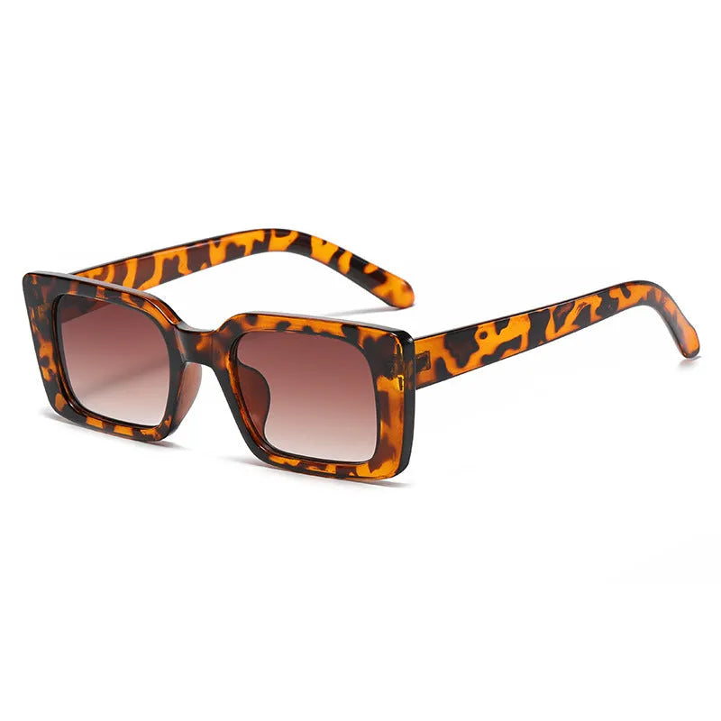 Square small frame sunglasses with PC lens, black frame and grey lens, simple flower design on bag
