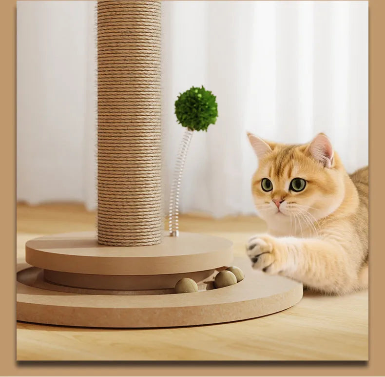 Vertical cat climbing frame with hemp rope wrapped around a density board core and chamfered grab columns.