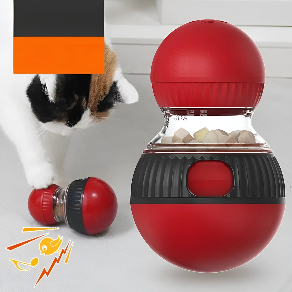 Plastic rotating cat puzzle feeder toy with a toy cat design and a super ball.