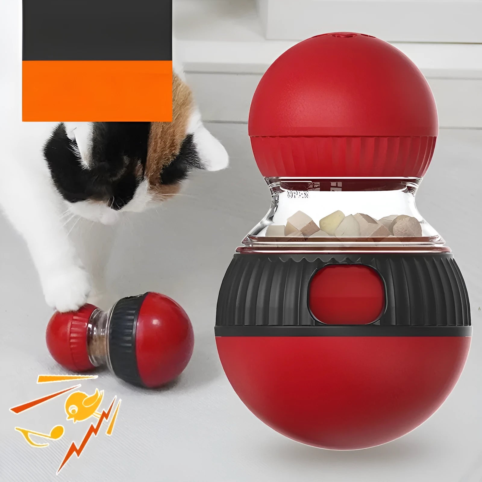 Plastic rotating cat puzzle feeder toy with a toy cat design and a super ball.