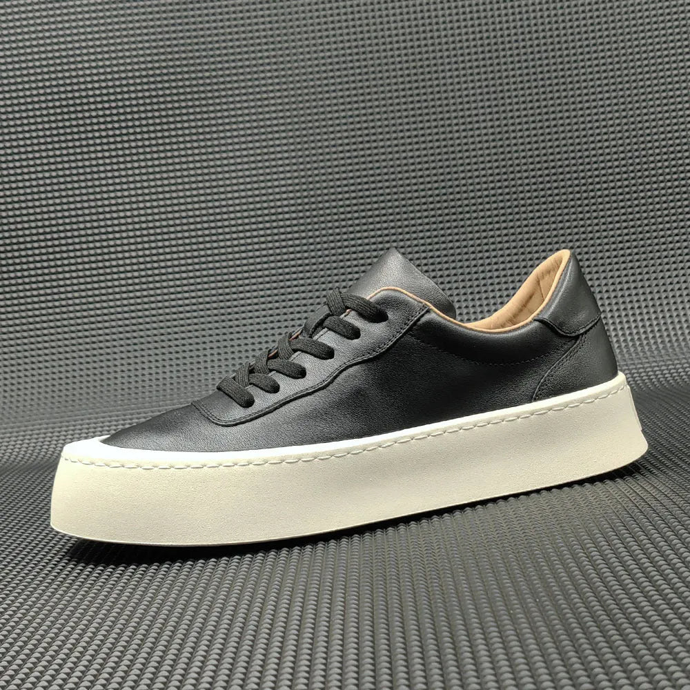 Men's white cowhide platform board shoes with thick rubber sole and round toe design