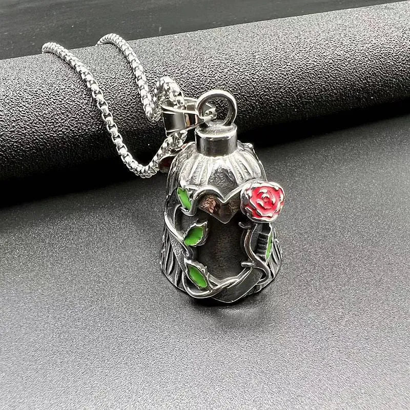 Titanium steel motorcycle lucky bell pendant with geometric shape and double-sided epoxy rose design