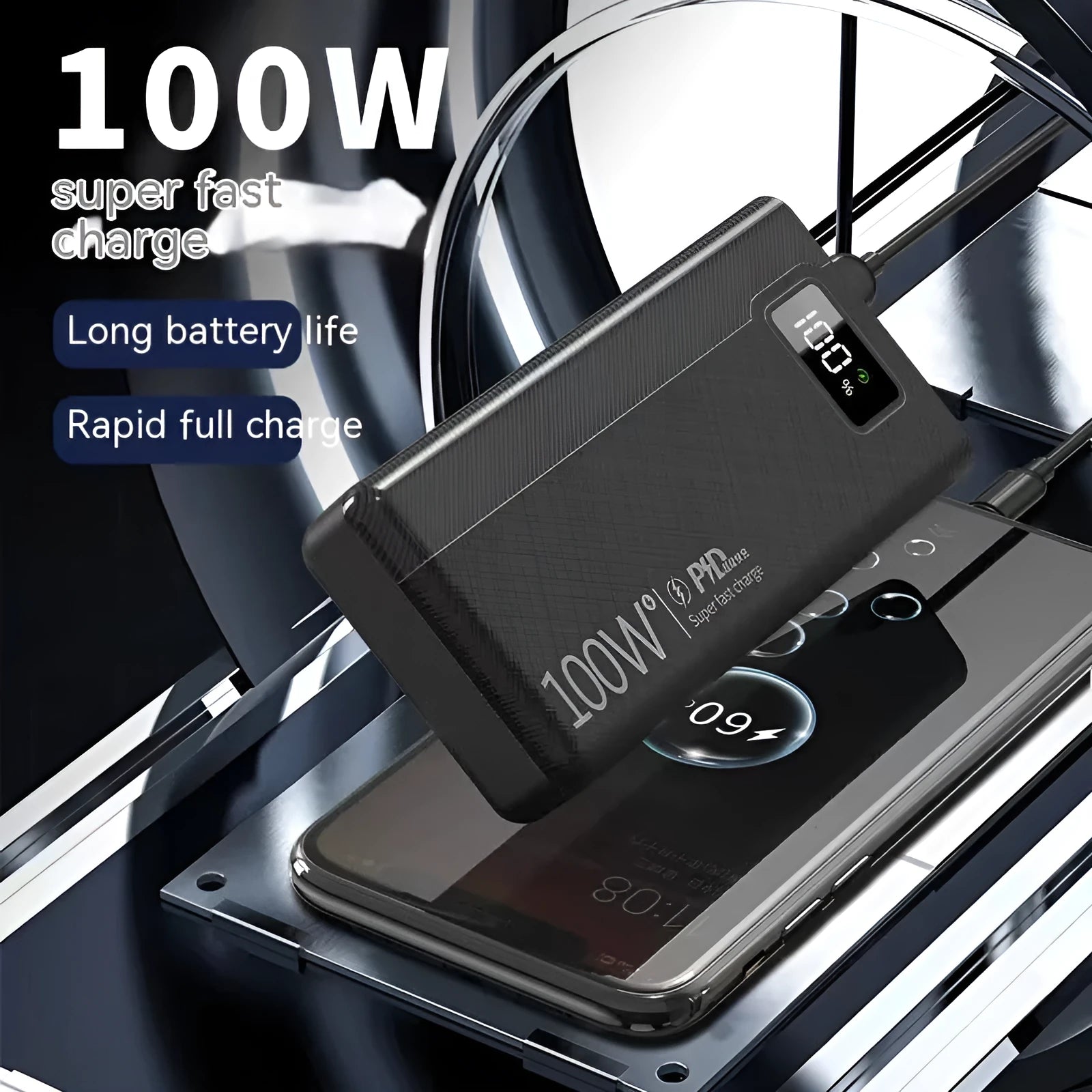 Large black and white plastic power bank showing front view with capacity options from 20000mAh to 50000mAh.