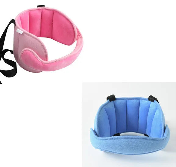 Child car seat head support in blue with hook and loop neck strap and rear waistband