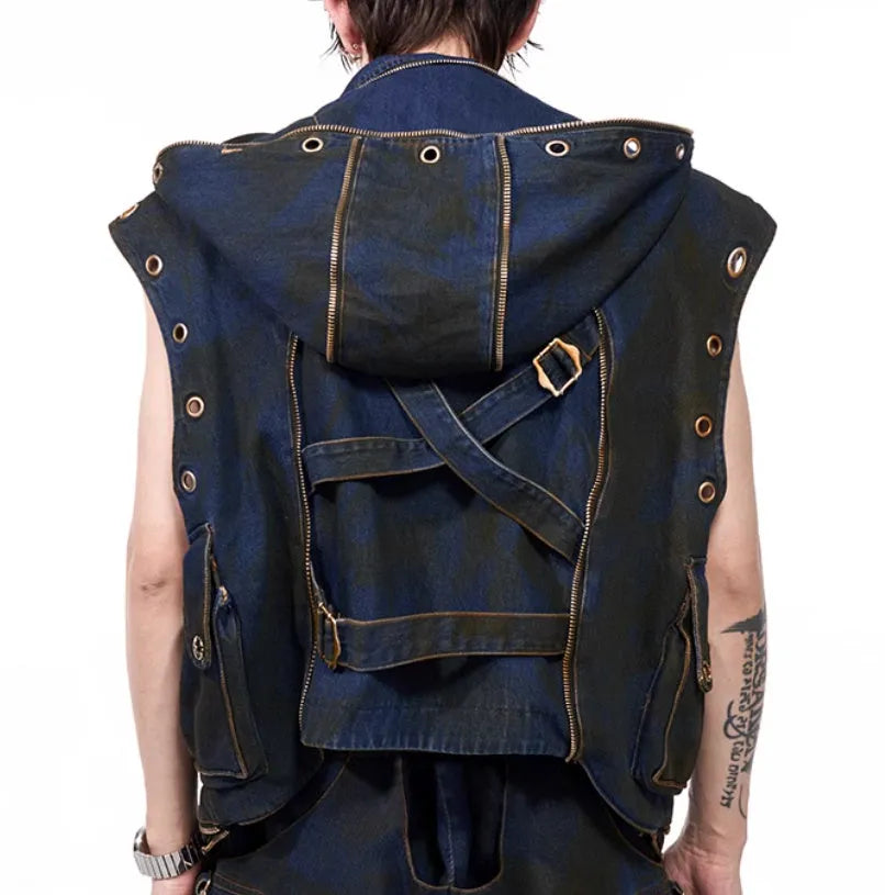 Blue hooded denim vest coat with matching trousers Korean style set