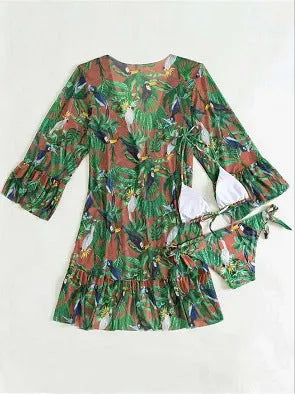 Tropical triangle bikini top with chest pad and matching kimono in green polyester