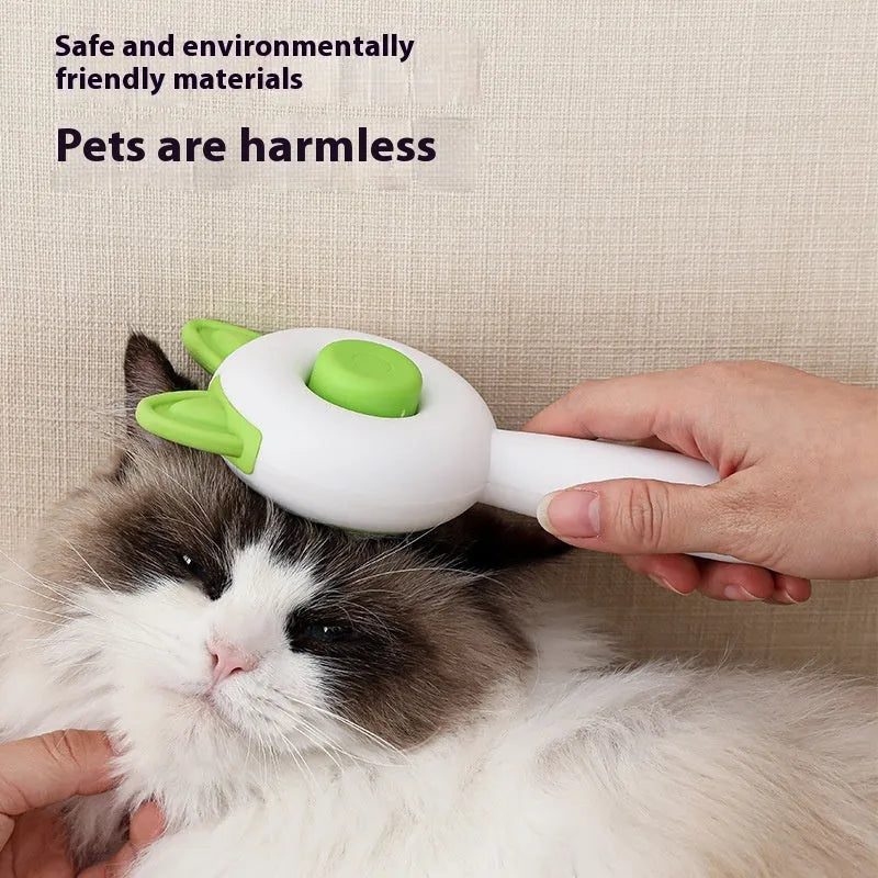 Self-cleaning pet grooming brush with stainless steel bristles and TPR massage tips in greenish white colour