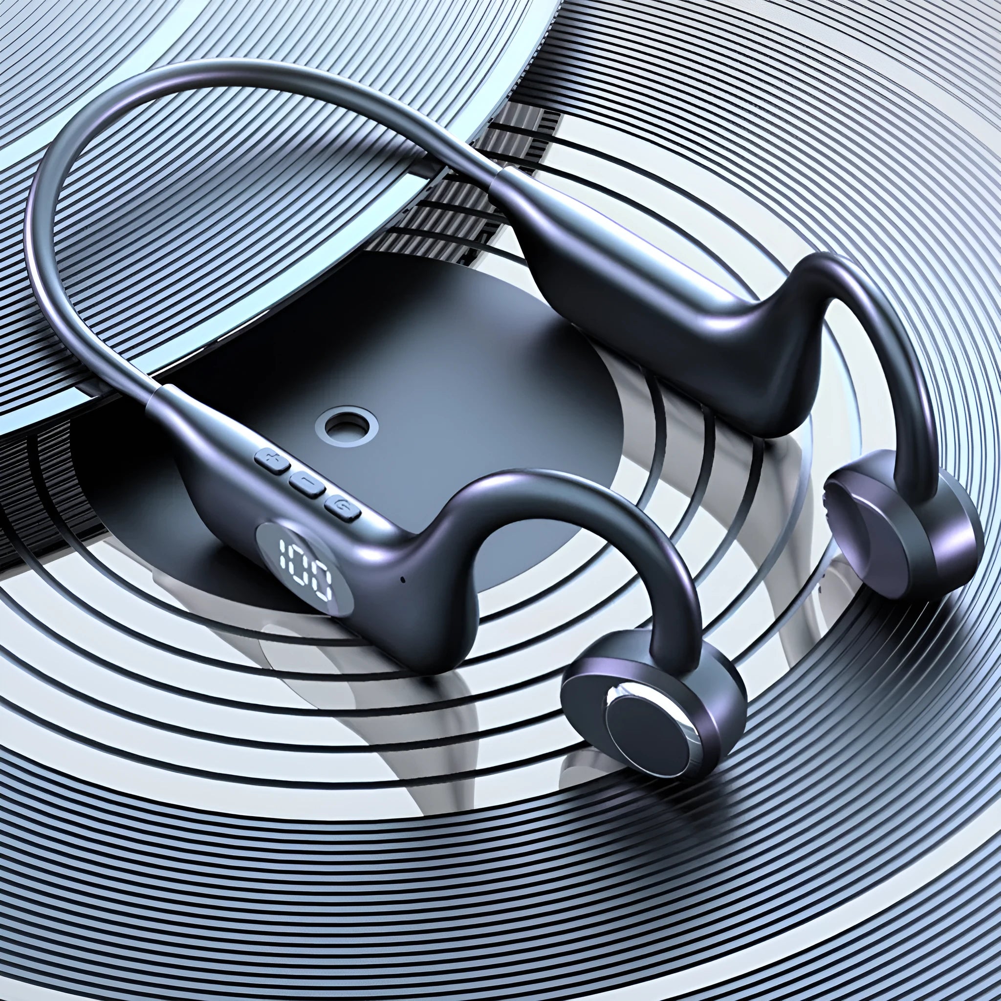 Bluetooth non in-ear sports conduction headset in Black Ultimate Edition with silicone ear hook and digital display