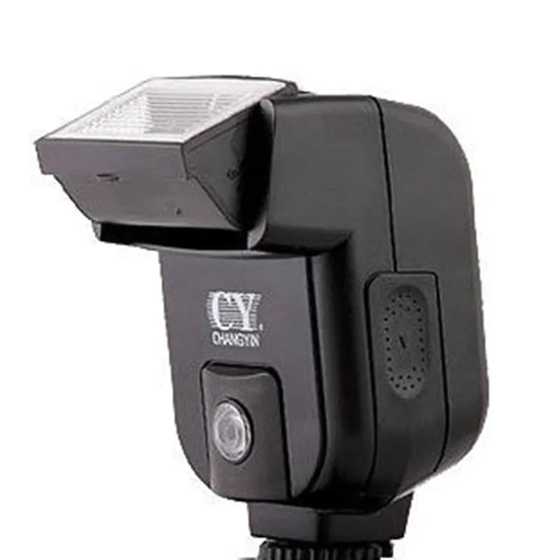 SLR camera flash unit with tilting head shown at 90-degree angle, compact 65x60x98mm design