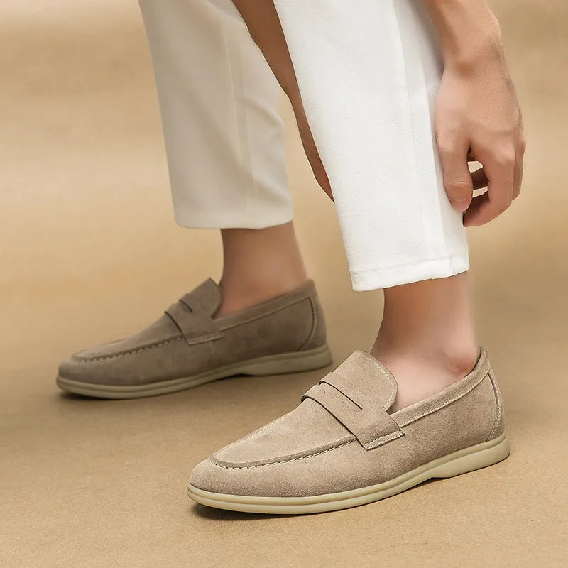 Men's leather slip-on casual shoes in black, beige or khaki with round toe and oversleeve design