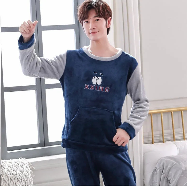 Men's coral velvet thickened flannel pajama set, long sleeve round neck top and trousers, winter sleepwear