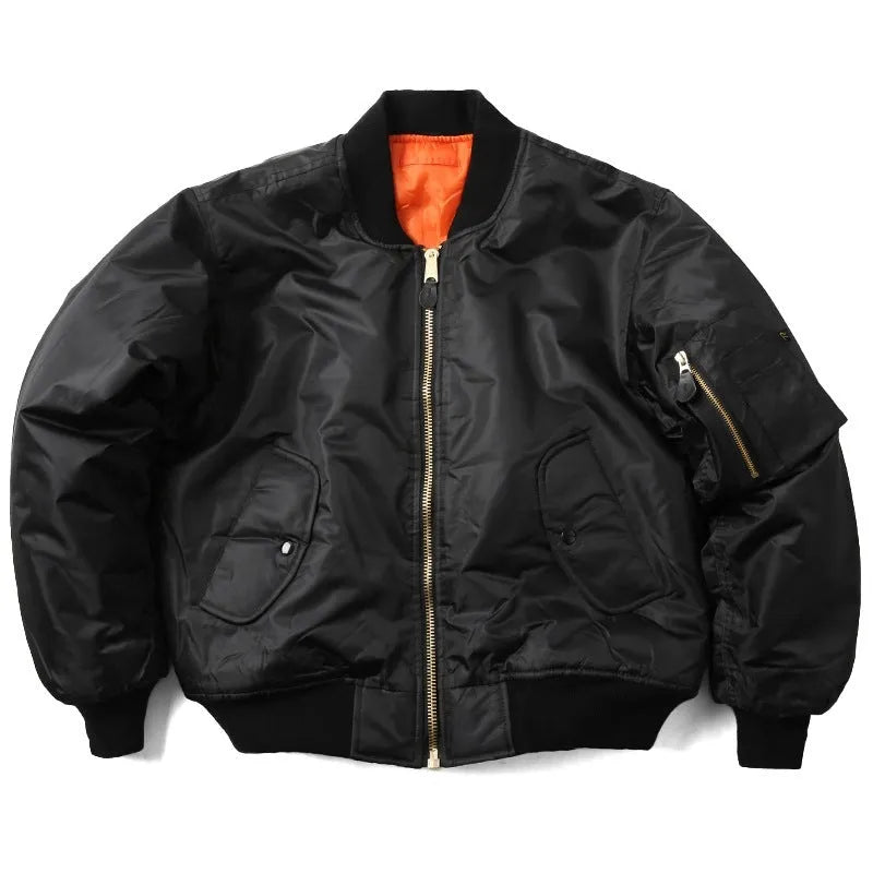 Men's olive green loose-fit cotton-padded pilot jacket with a zip front and workwear styling.